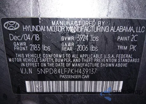 2019 Hyundai Elantra Sel из США, поврежденный, VIN 5NPD84LF7KH439137